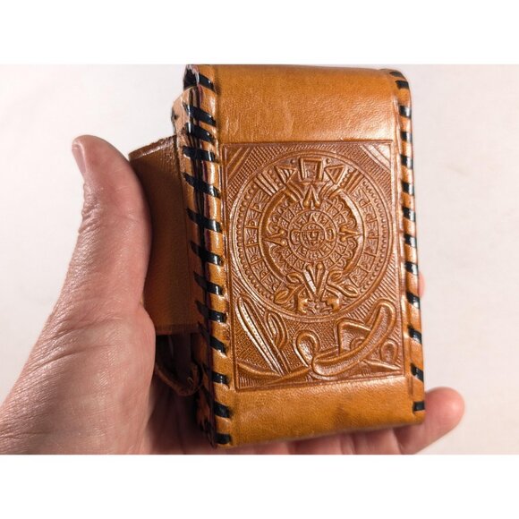 Brown Leather Aztec Calendar cigarette + lighter sleeve, business card sleeve - Picture 9 of 10